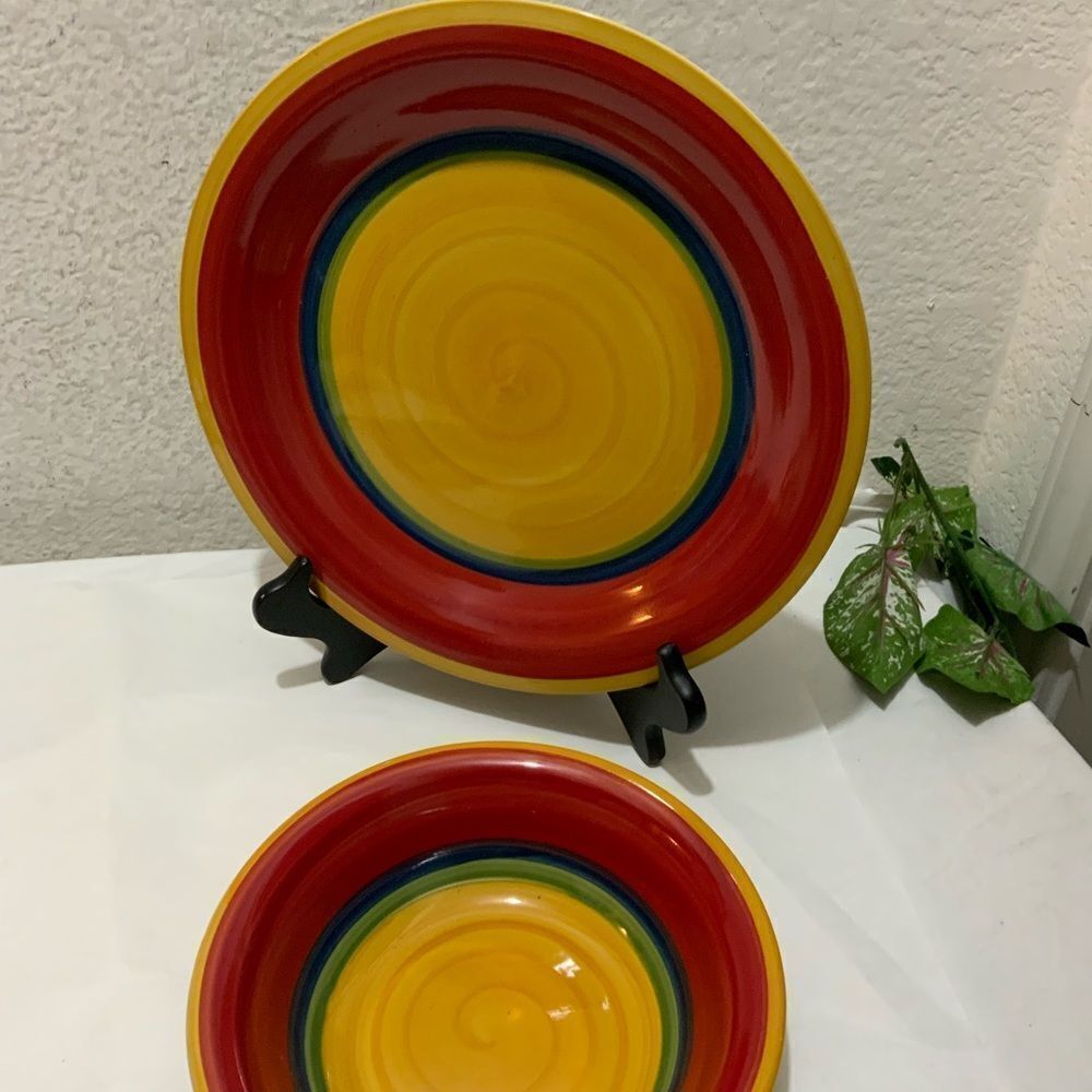 Set of 2 Royal Norfolk Mambo Stoneware 1 Dinner Plate 10 3/4" &1 soup bowl 7.5”